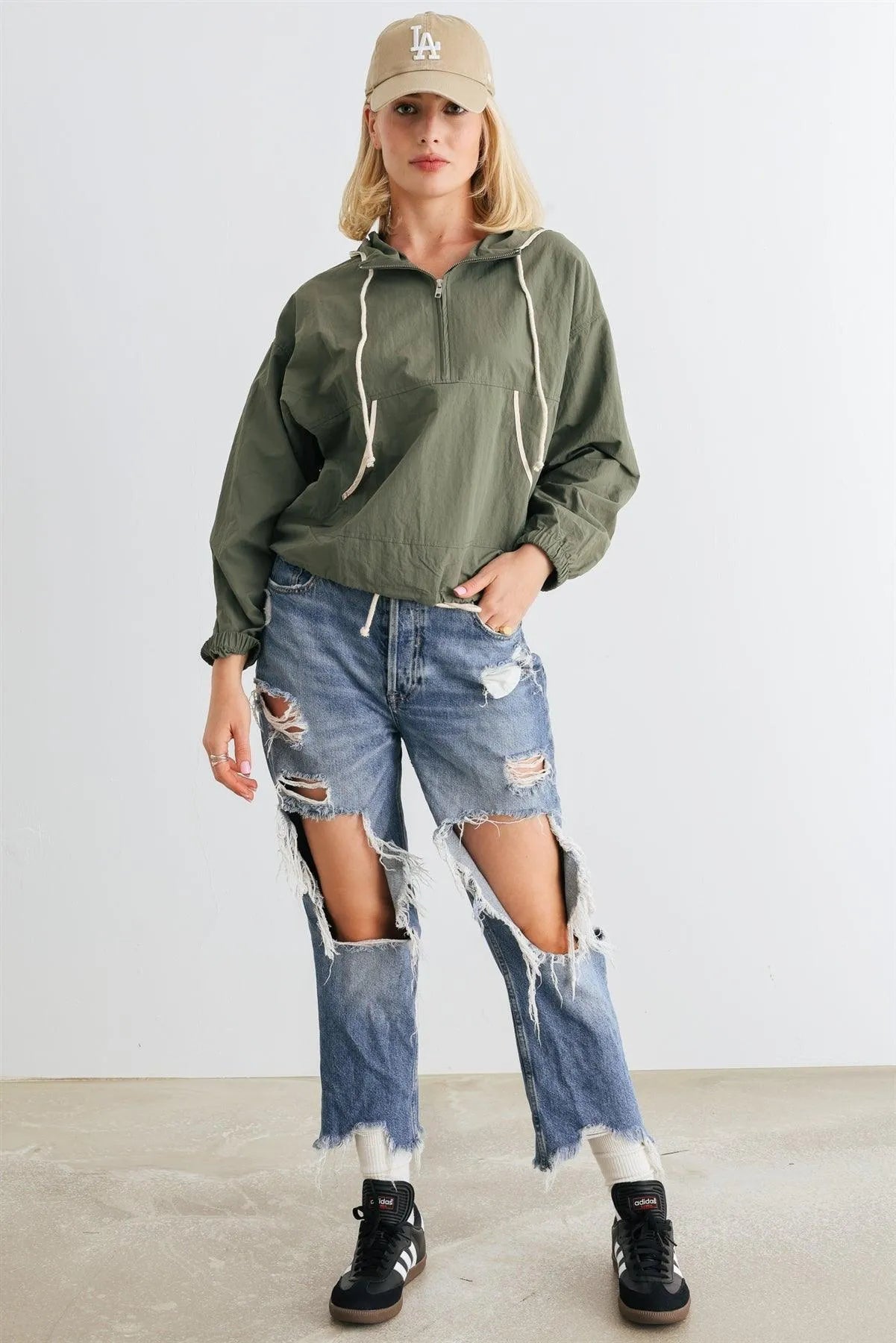 Dusty Green Zip-Up Long Sleeve Drawstring Hem Hooded Pullover /1-2-2-1 - Tasha Apparel Wholesale