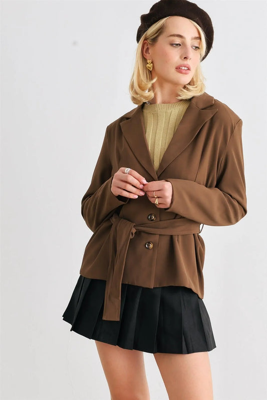 Brown Button-Up Long Sleeve Belted Blazer /1-2-1-1 - Tasha Apparel Wholesale