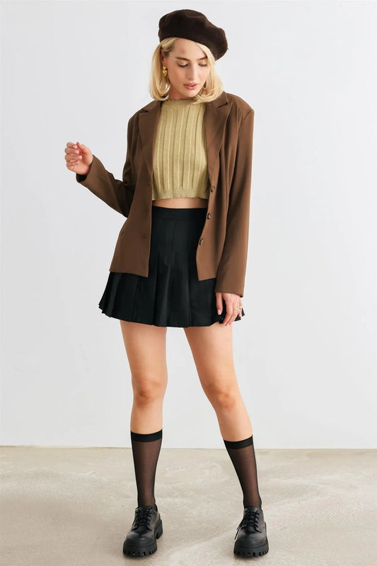 Brown Button-Up Long Sleeve Belted Blazer /1-2-2-1 - Tasha Apparel Wholesale