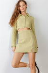 Light Green Tweed Button-Up Collared Neck Cropped Jacket & High Waist Skirt Set /1-2-2-1