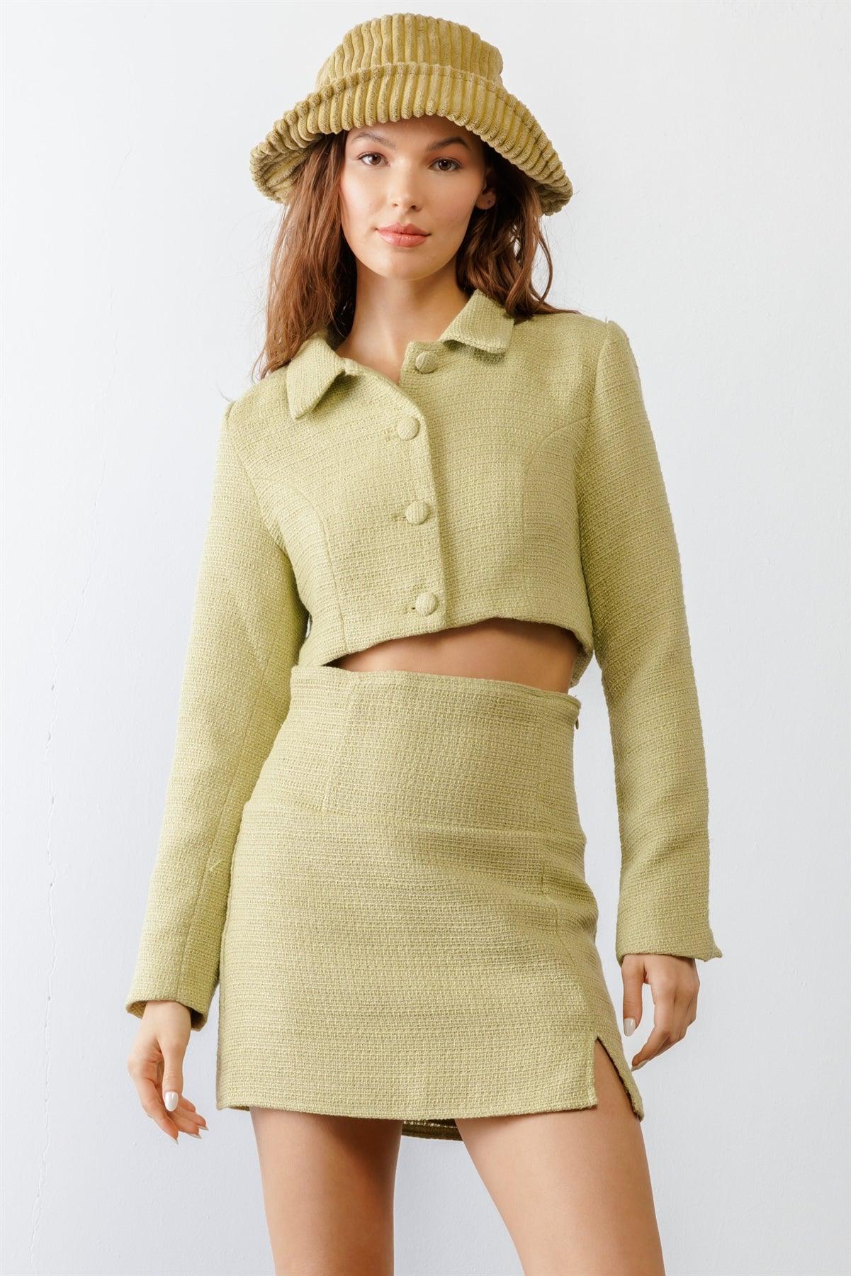 Light Green Tweed Button-Up Collared Neck Cropped Jacket & High Waist Skirt Set /1-2-2-1