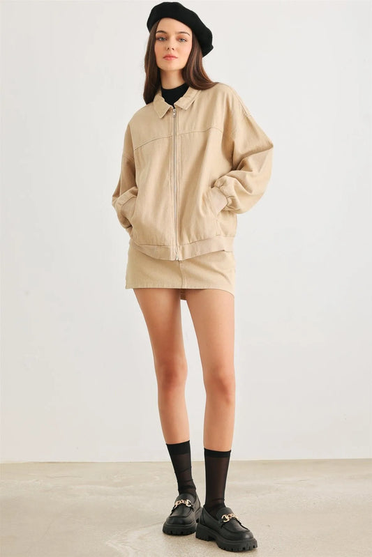 Khaki Cotton Zip-Up Jacket & Mid Rise Mini Skirt Set /1-2-2-1 - Tasha Apparel Wholesale