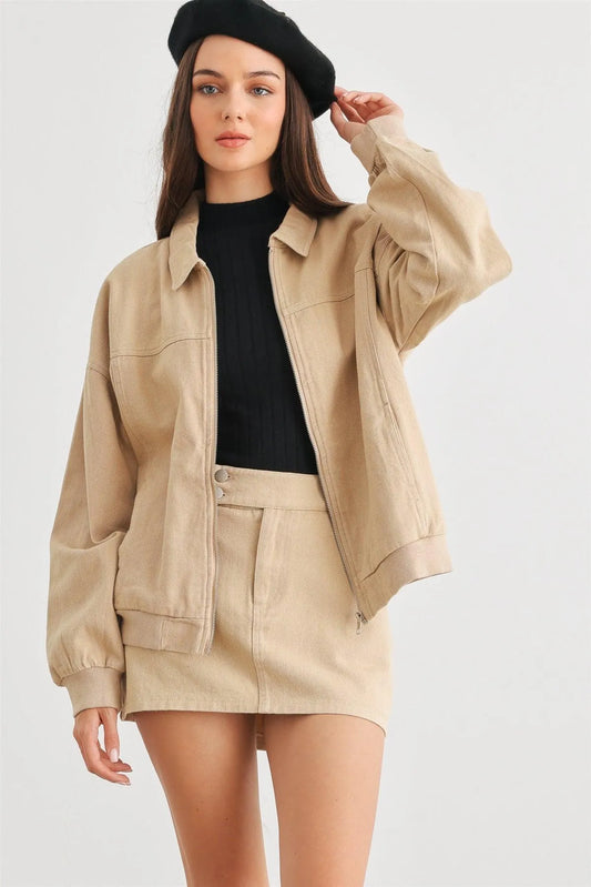 Khaki Cotton Zip-Up Jacket & Mid Rise Mini Skirt Set /1-3-1-1 - Tasha Apparel Wholesale