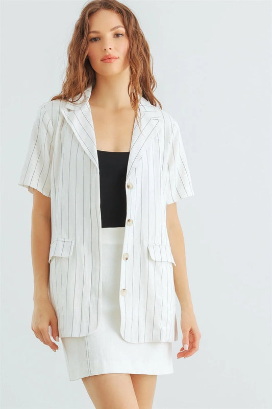 Ivory Black Stripe Button-Up Short Sleeve Blazer /1-2-2-1 - Tasha Apparel Wholesale