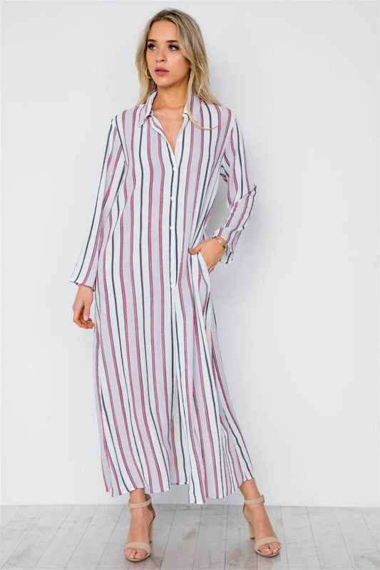 Blue Multi Stripe Button Down Maxi Blouse Shirt / 2-2-2 - Tasha Apparel Wholesale