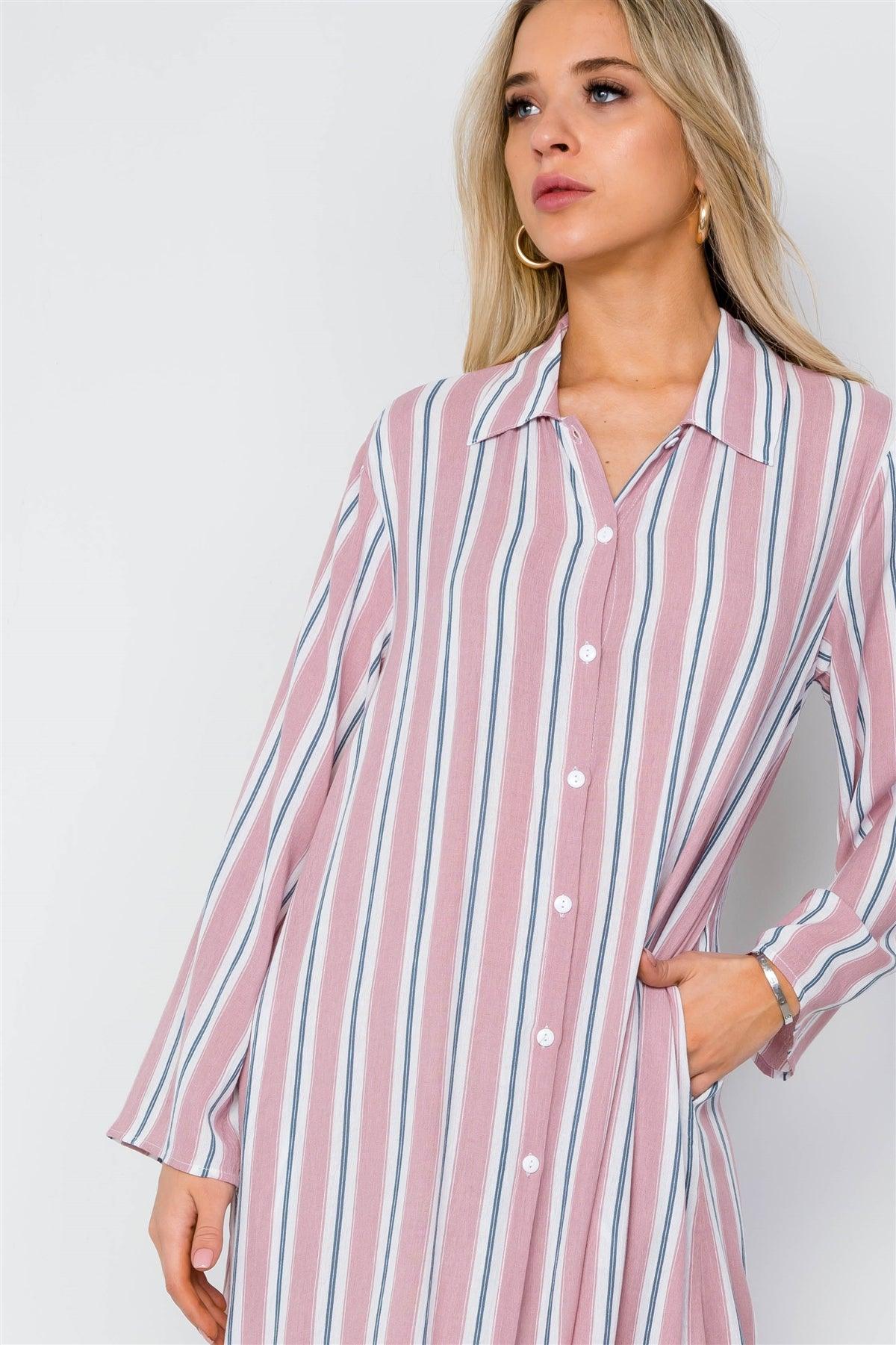 Mauve Multi Stripe Button Down Dress Maxi Blouse Shirt / 2-2-2
