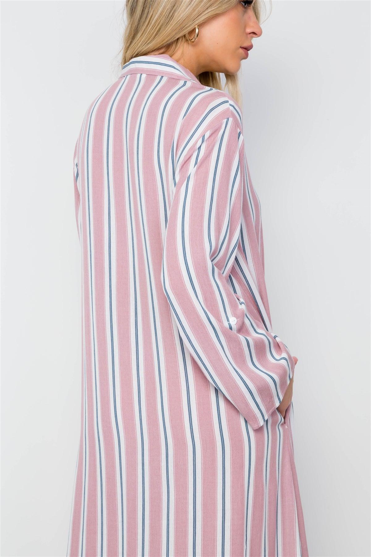 Mauve Multi Stripe Button Down Dress Maxi Blouse Shirt / 2-2-2