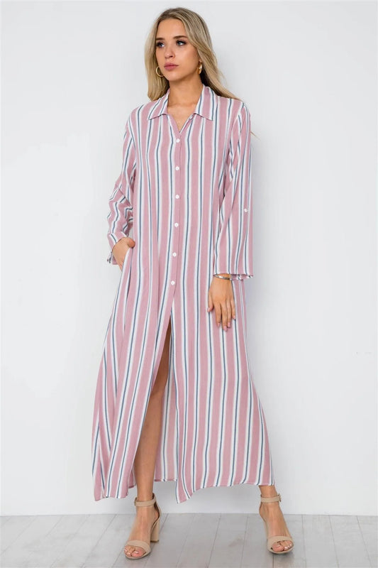 Mauve Multi Stripe Button Down Dress Maxi Blouse Shirt - Tasha Apparel Wholesale