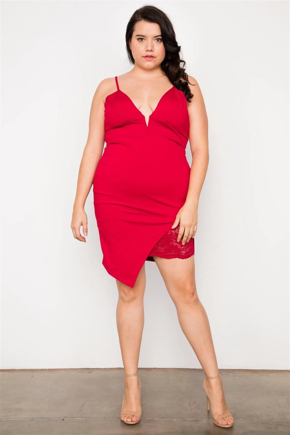 Junior Plus Size Red Bodycon Cami Mini Dress / 2-2-2 - Tasha Apparel Wholesale