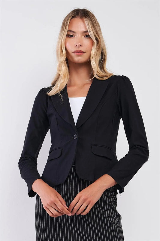 Strict Black Lapeled Collar Fitted Single-Breasted Blazer /1-2-2-2 - Tasha Apparel Wholesale