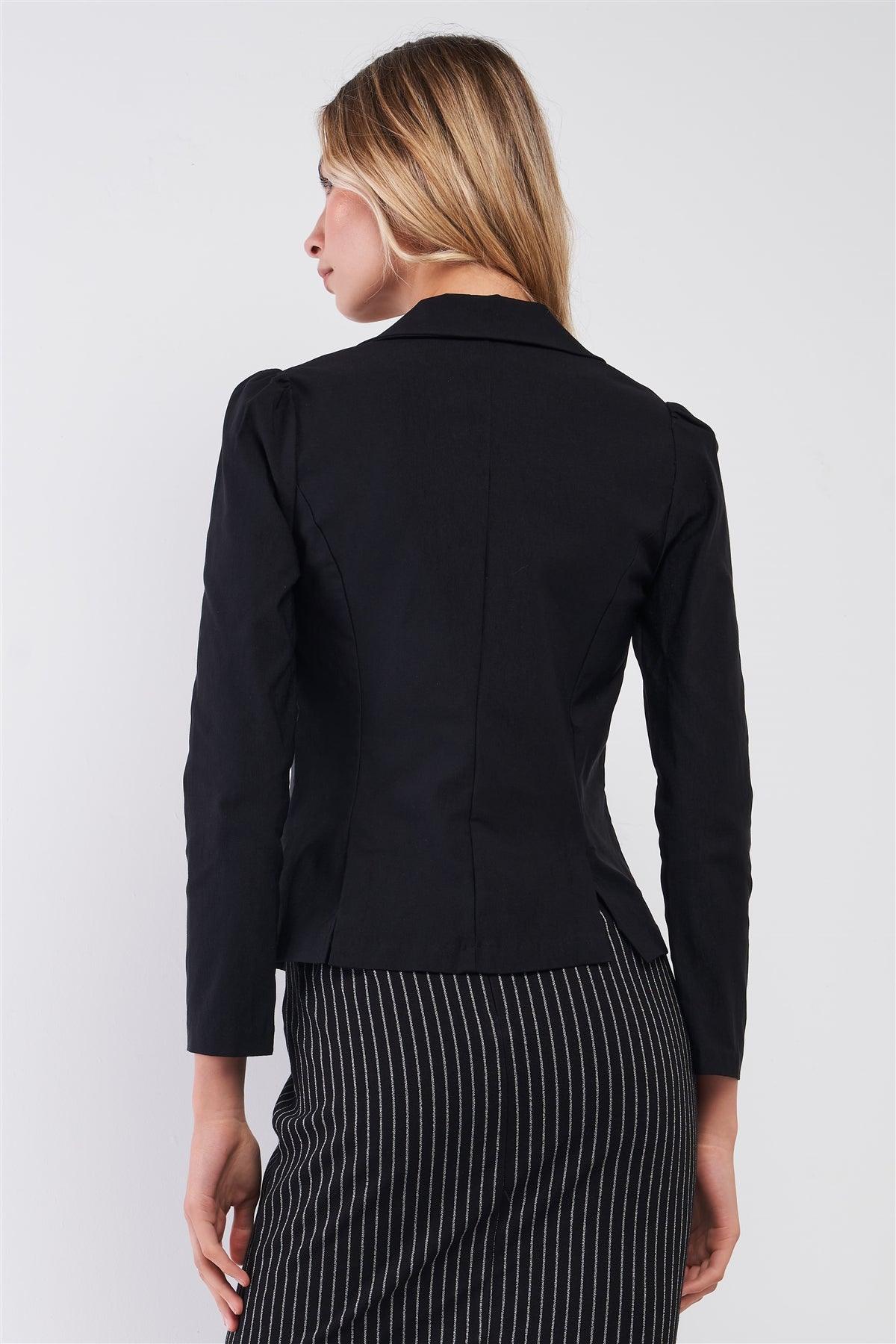 Strict Black Lapeled Collar Fitted Single-Breasted Blazer /1-2-2-2