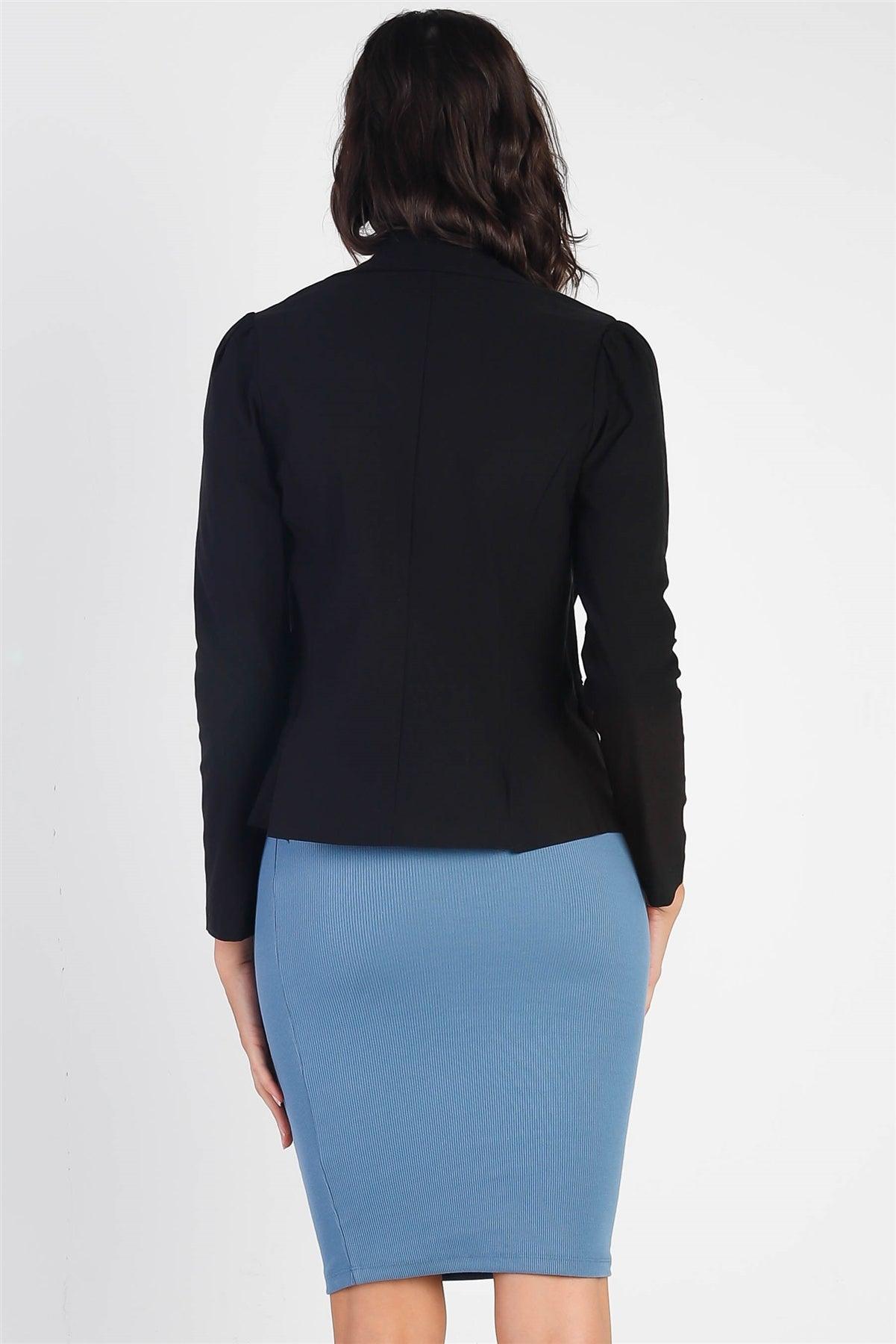 Strict Black Lapeled Collar Fitted Single-Breasted Blazer