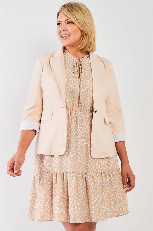 Junior Plus Taupe-Apricot Lapel 3/4 Sleeve Mock Pockets Single Button Blazer /1-1-1 - Tasha Apparel Wholesale
