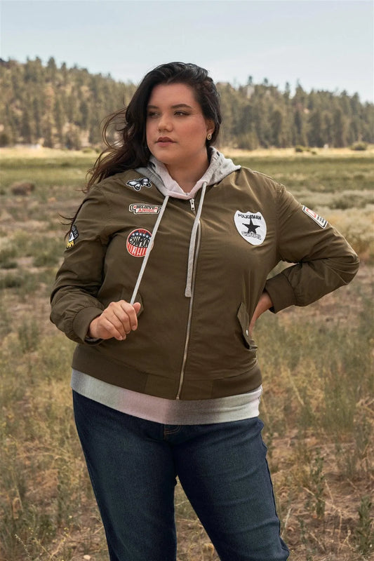 Junior Plus Aviator Military Green Retro Patches Long Sleeve Front Zipper Bomber Jacket /1-1-1 - Tasha Apparel Wholesale