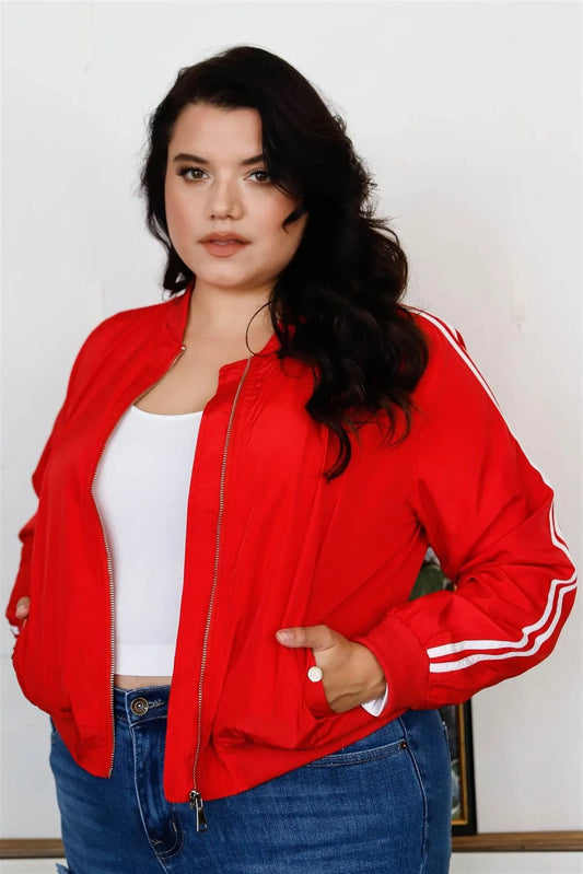 Junior Plus Red & White Retro Le Mans Stripe Trim Sporty Windbreaker Bomber Jacket - Tasha Apparel Wholesale