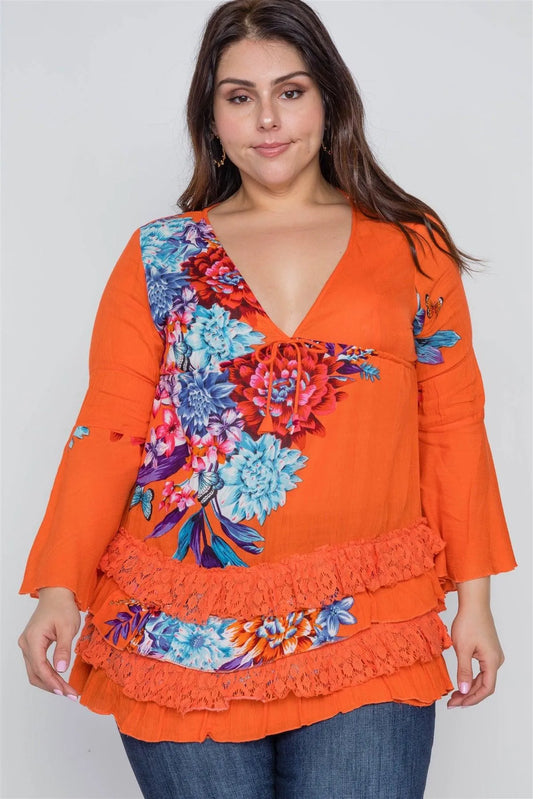 Boho Papaya Plus Size Floral Mix Print Lace Ruffle Hem Top - Tasha Apparel Wholesale