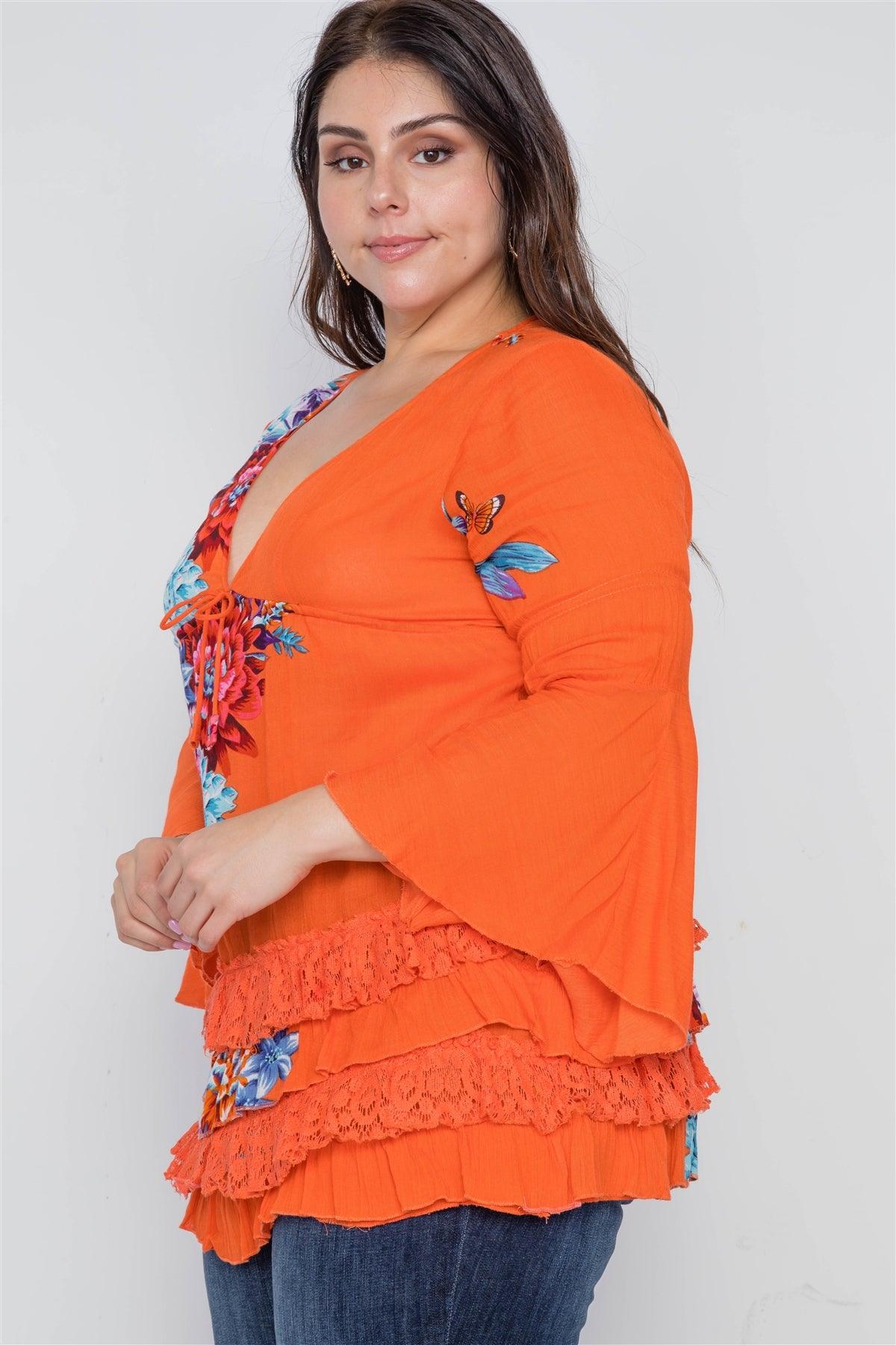 Boho Papaya Plus Size Floral Mix Print Lace Ruffle Hem Top