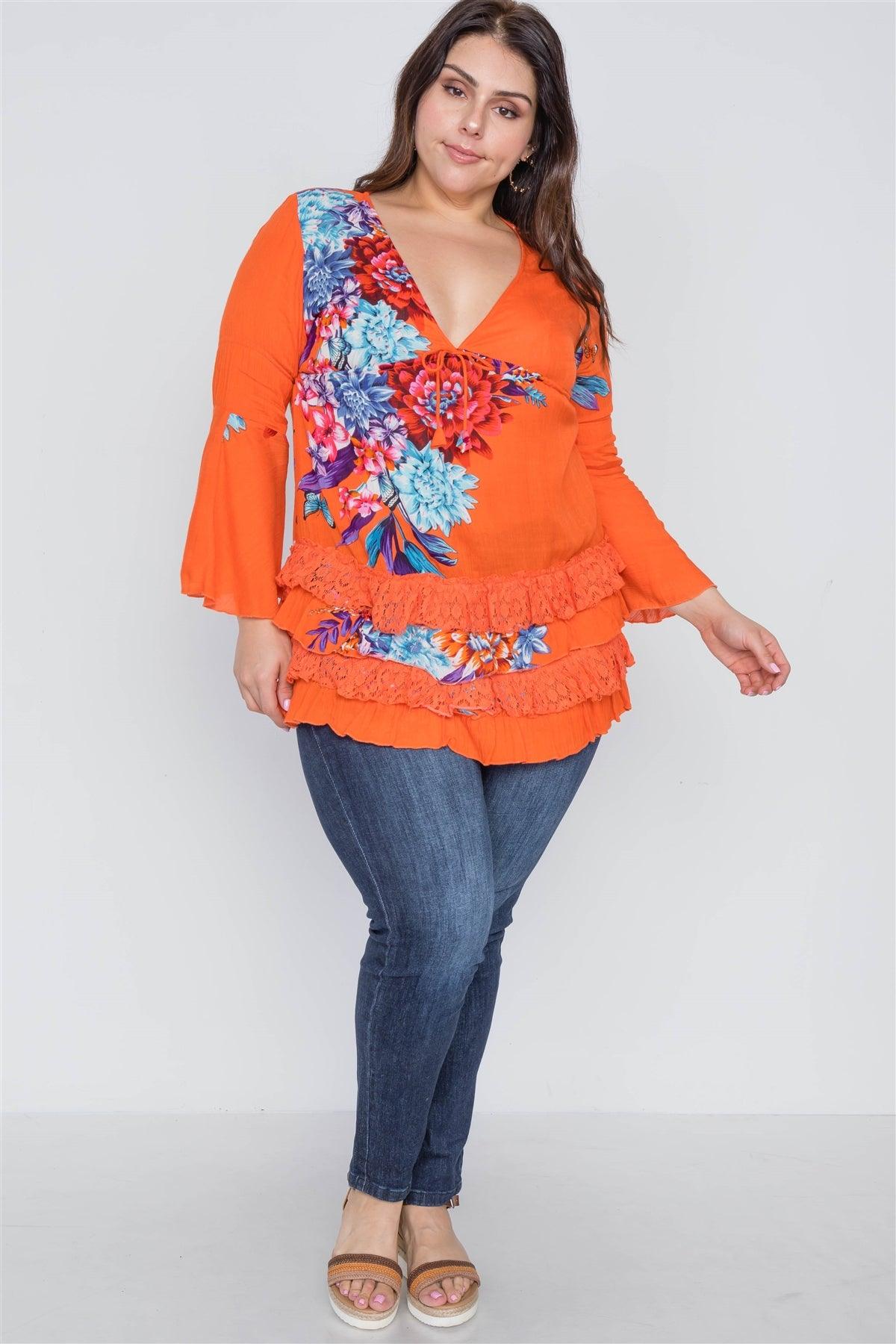 Boho Papaya Plus Size Floral Mix Print Lace Ruffle Hem Top