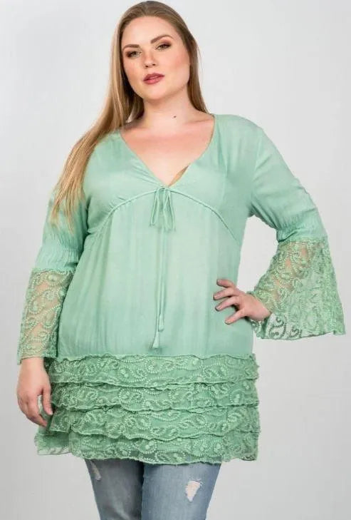 Boho Mint Plus Size Lace Hem V Neck Tunic Top - Tasha Apparel Wholesale