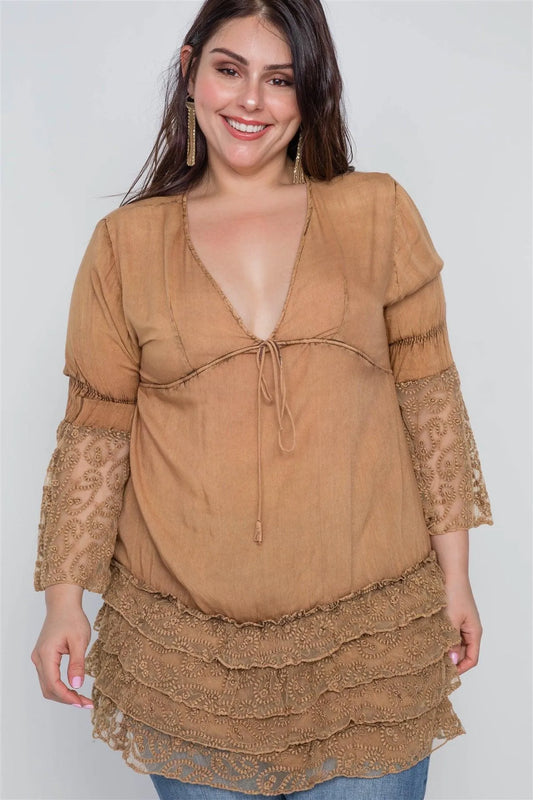 Boho Mocha Plus Size Lace Hem V Neck Tunic Top - Tasha Apparel Wholesale