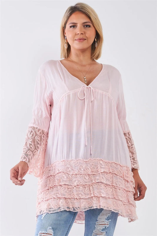 Pink Boho Plus Size Lace Hem V Neck Tunic Top - Tasha Apparel Wholesale