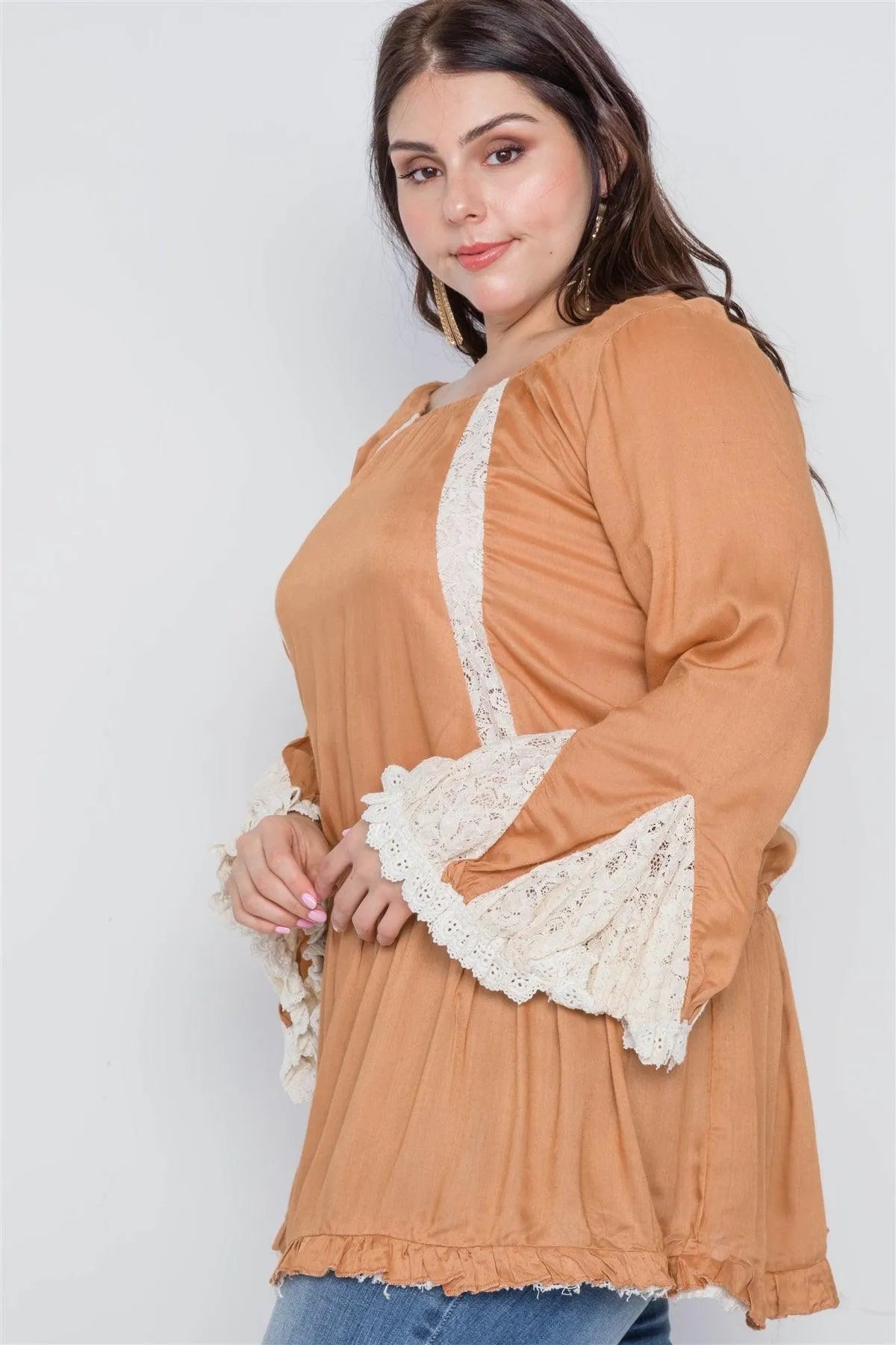 Plus Size Mocha Bell Sleeves Boho Top /3-2 - Tasha Apparel Wholesale
