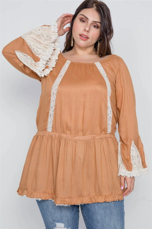 Junior Plus Size Mocha Bell Sleeves Boho Top /2-2-2 - Tasha Apparel Wholesale
