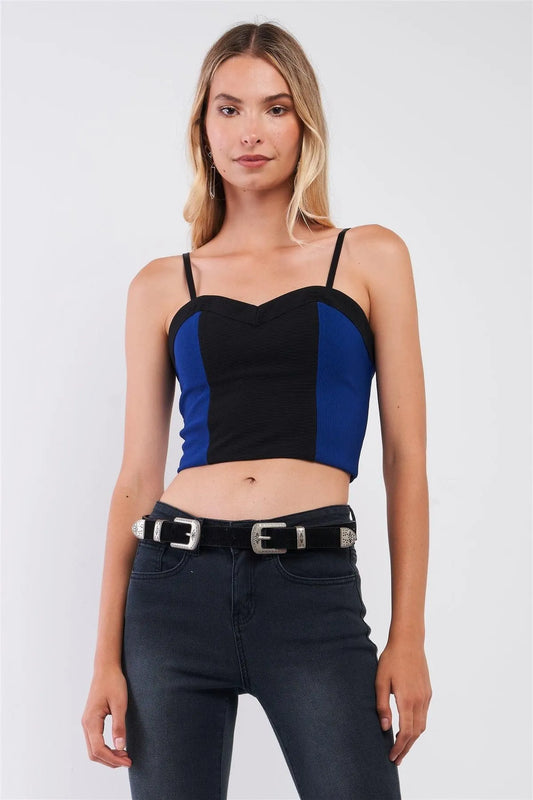 Black & Blue Colorblock Sweetheart Strap/Strapless Convertible Cropped Top /1-2-2-1 - Tasha Apparel Wholesale