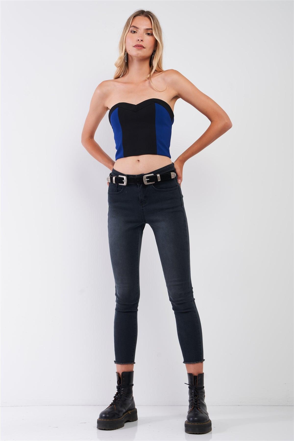 Black & Blue Colorblock Sweetheart Strap/Strapless Convertible Cropped Top /1-2-3