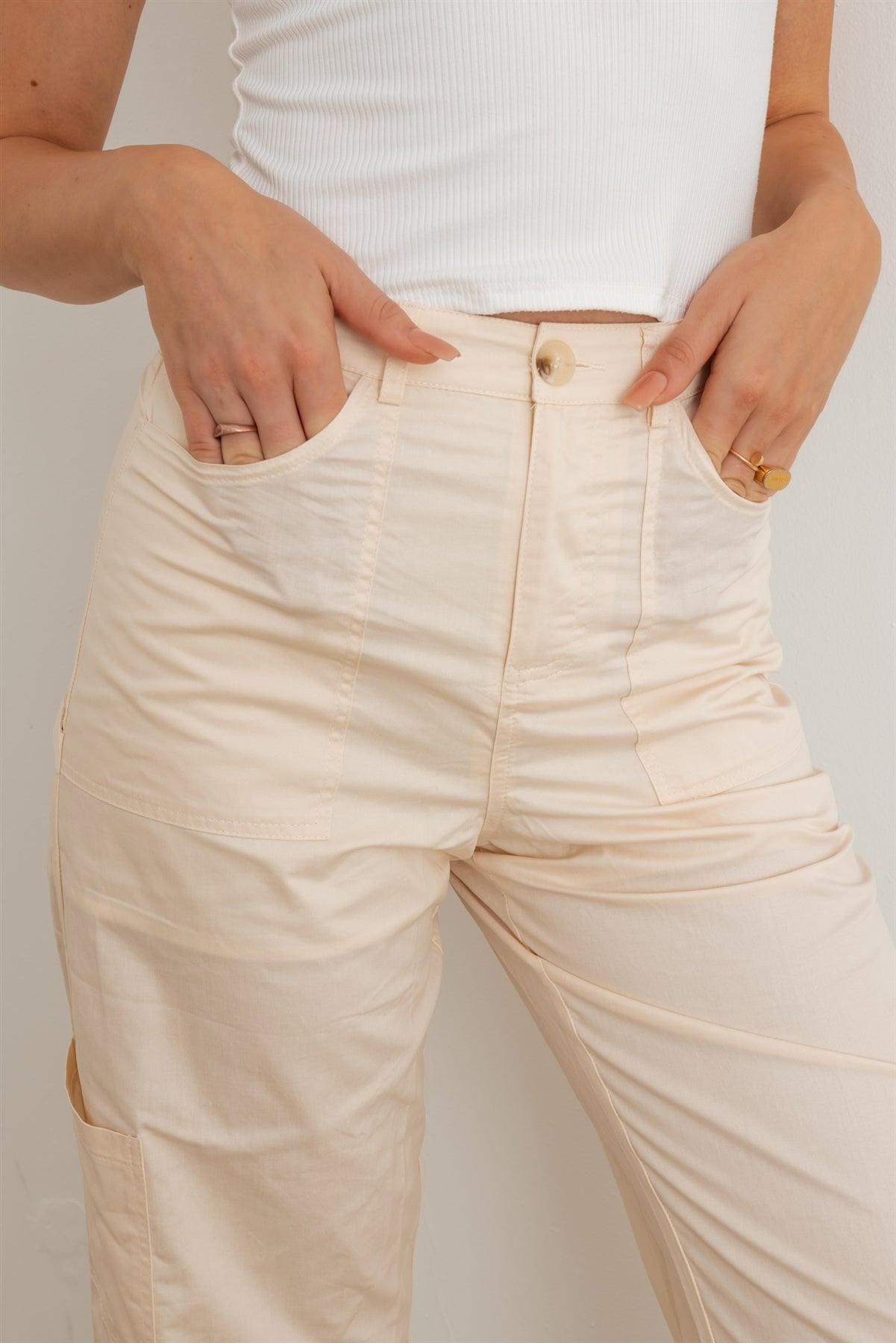 Cream High Waist Six Pocket Wide Leg Cargo Pants /2-2-1