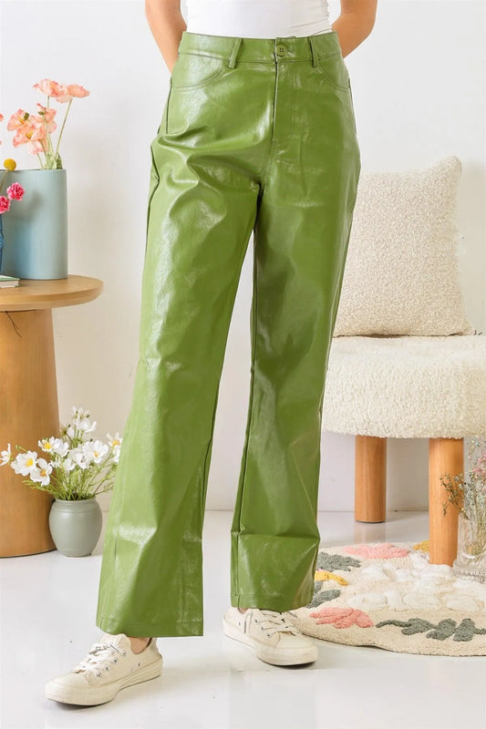 Green Faux Leather Four Pocket Wide Leg High Waist Pants /1-2-2-1 - Tasha Apparel Wholesale