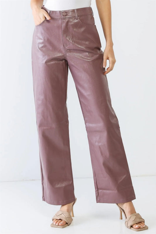 Lavender Faux Leather Four Pocket Wide Leg High Waist Pants /1-2-2-1 - Tasha Apparel Wholesale