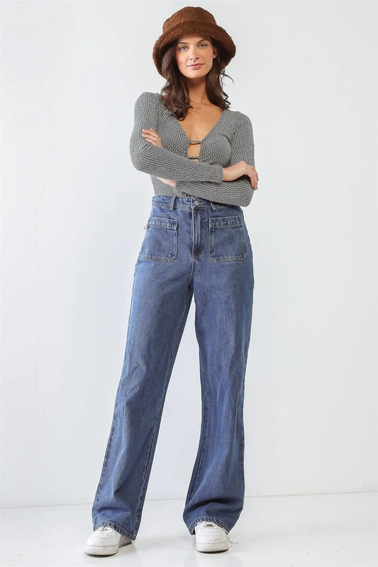Denim Blue Cotton High Waist Four Pocket Baggy Style Jeans /1-2-2-1 - Tasha Apparel Wholesale