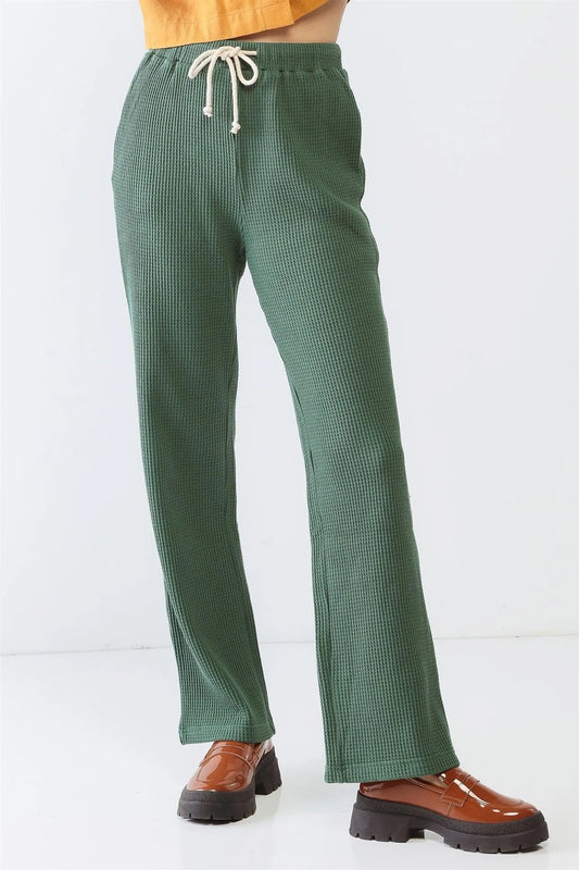 Green Cotton Waffle Knit Three Pocket High Waist Pants /1-2-2-1 - Tasha Apparel Wholesale