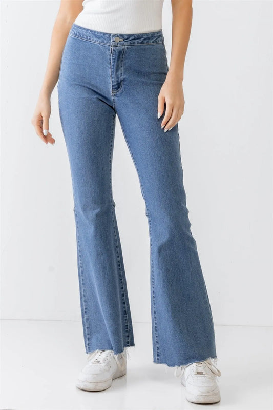 Denim Cotton High Waist Raw Flare Hem Jeans /1-2-2-1 - Tasha Apparel Wholesale