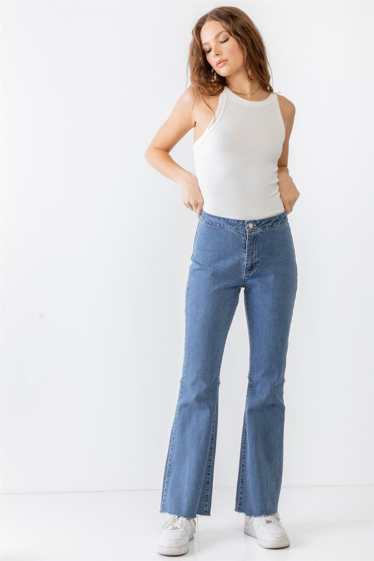 Denim Cotton High Waist Raw Flare Hem Jeans /1-2-2-1