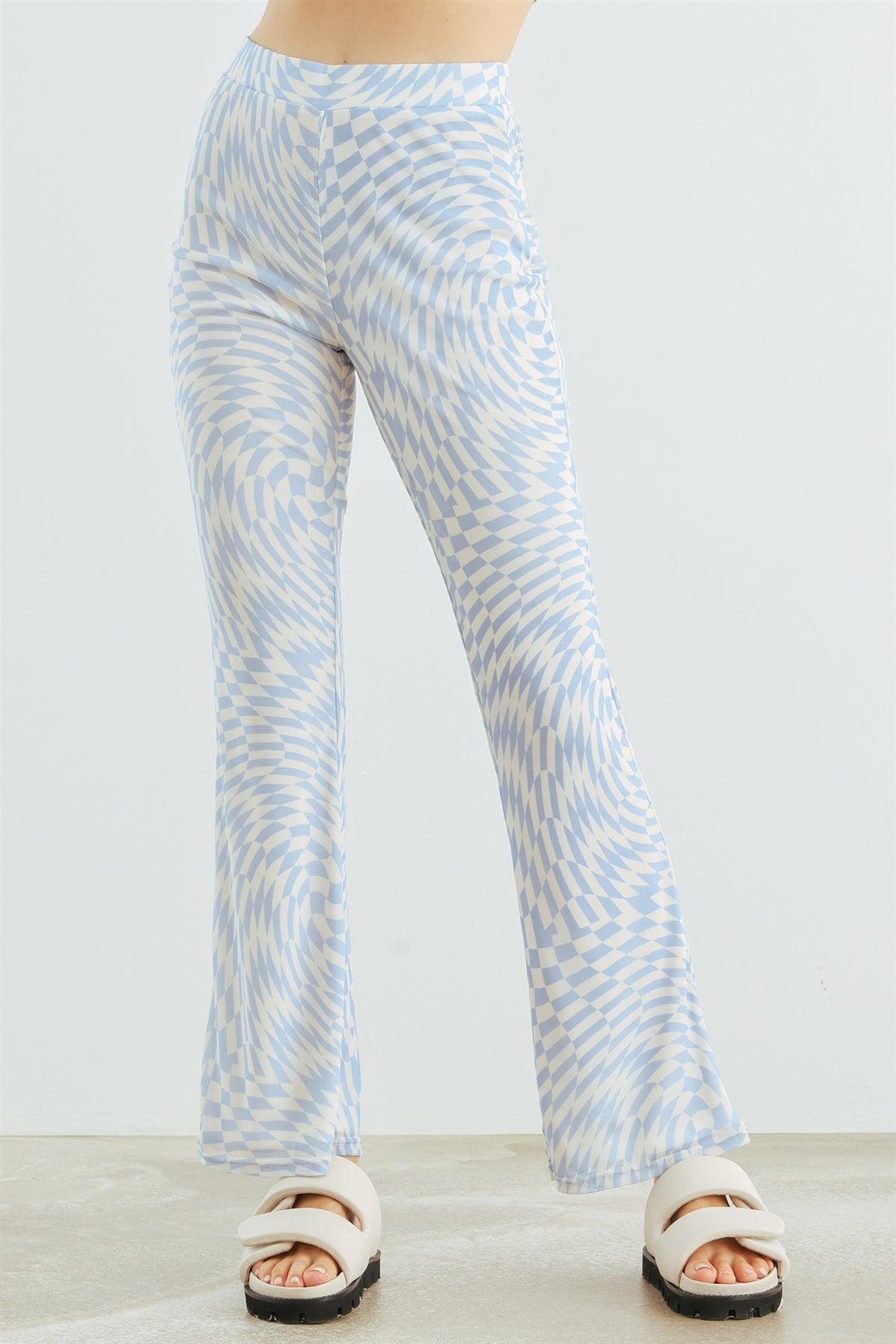 White & Blue Abstract Print Mesh High Waist Pants /1-2-2-1