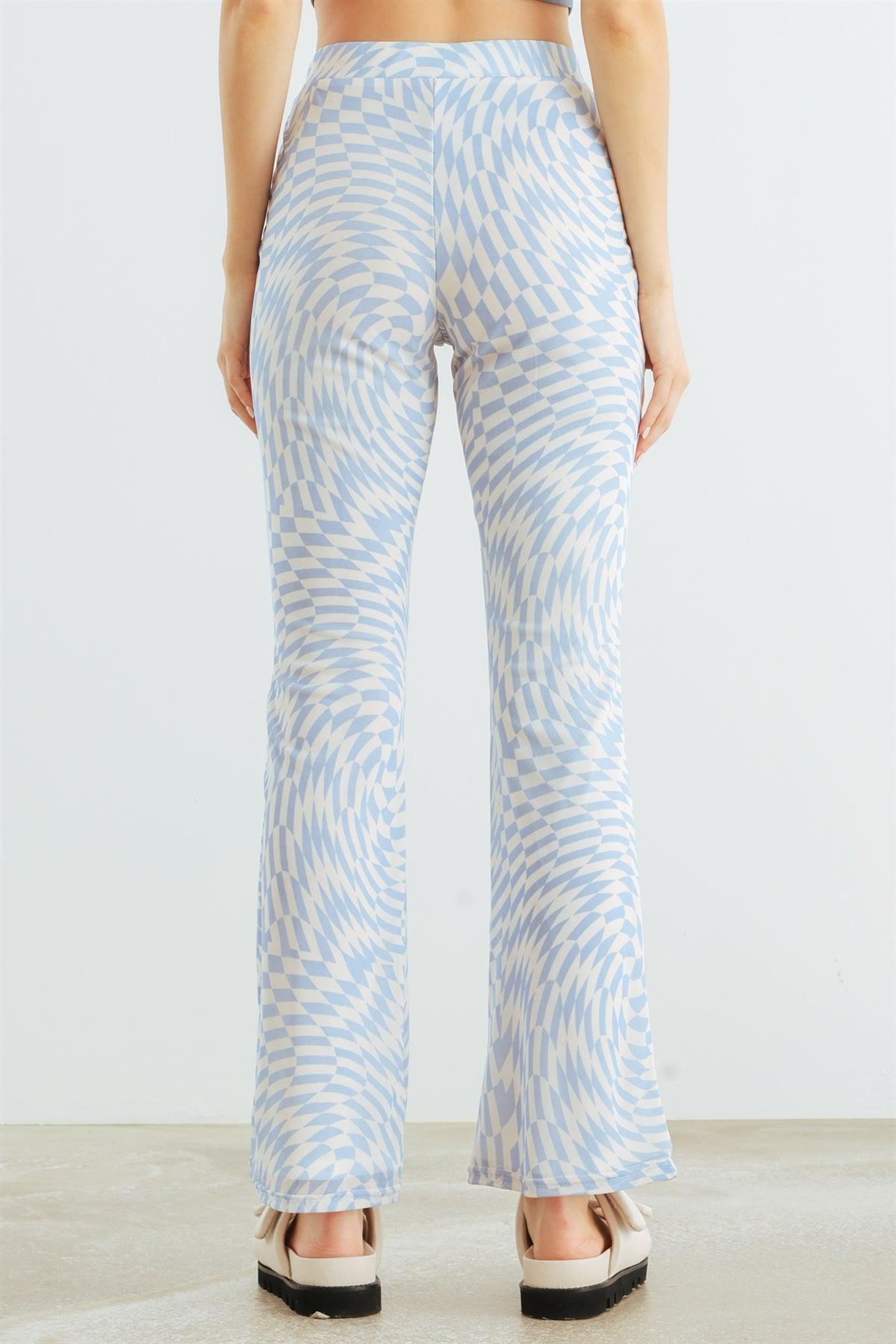 White & Blue Abstract Print Mesh High Waist Pants /1-2-2-1