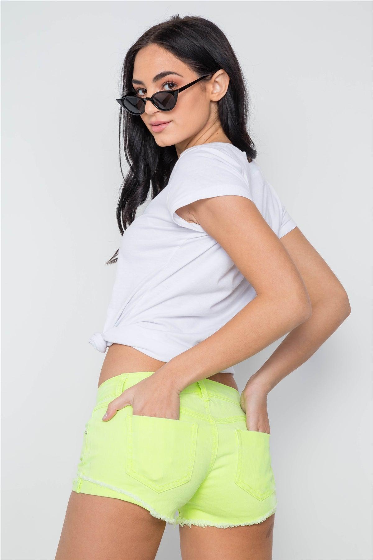 Neon Lime Distressed Denim Shorts /3-2-1