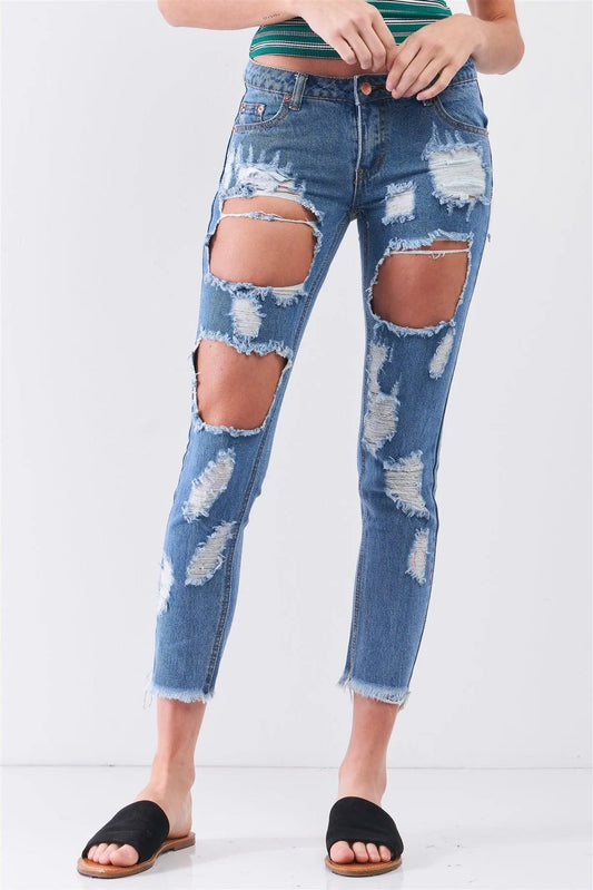 Medium Blue Ripped Destroyed Low-Mid Rise Denim Jeans /3-2-1 - Tasha Apparel Wholesale