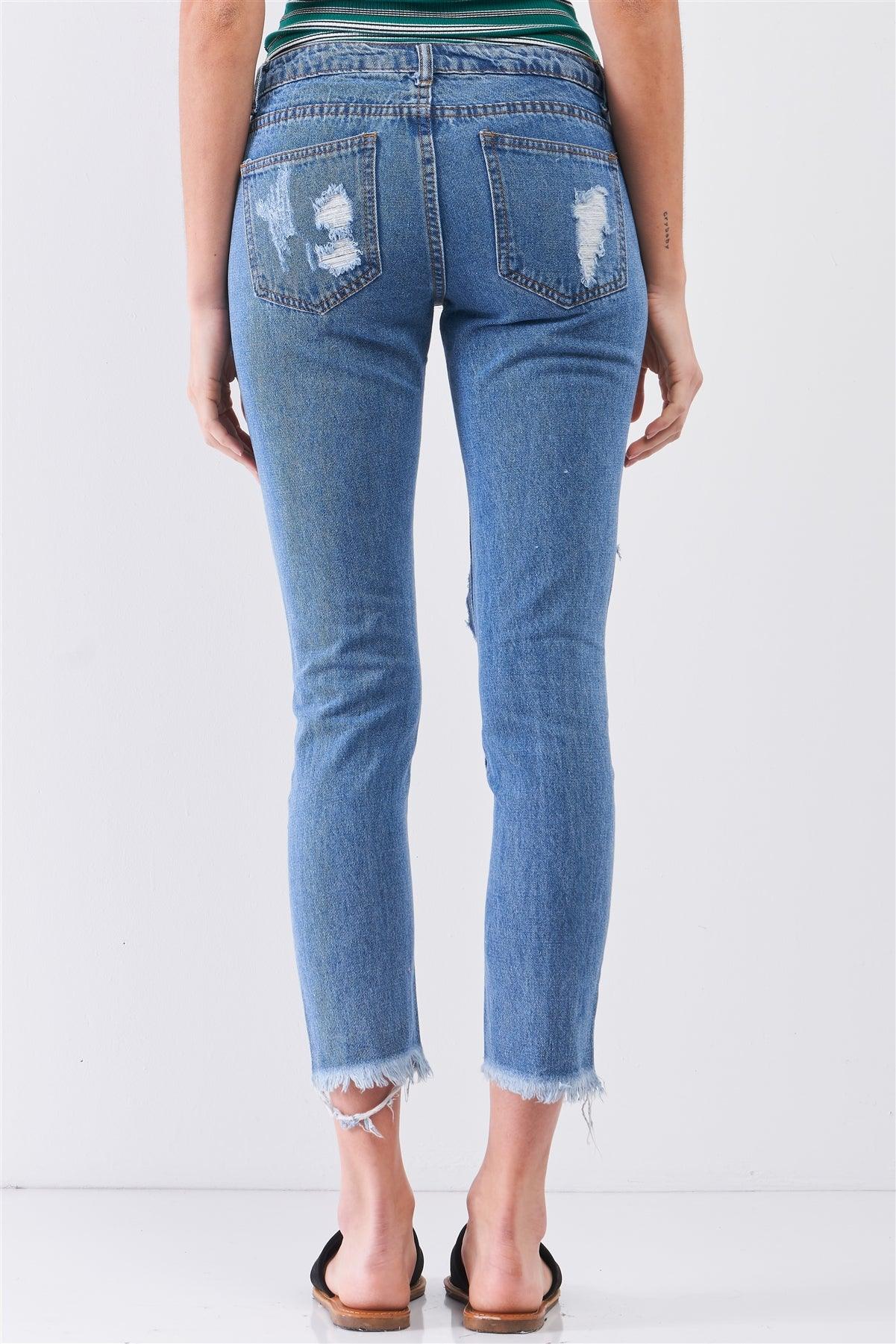 Medium Blue Ripped Destroyed Low-Mid Rise Denim Jeans