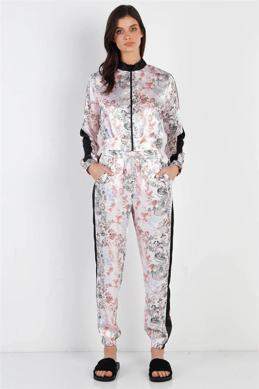 Black Contrast Satin Effect Multi Color Print Zip-Up Jacket & Pants Set /2-2-2 - Tasha Apparel Wholesale