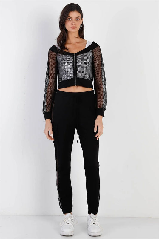 Black Contrast Fishnet Zip-Up Top & Pants Set /2-2-2 - Tasha Apparel Wholesale