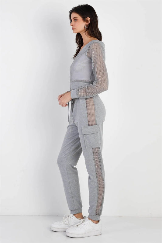 Heather Grey Contrast Fishnet Zip-Up Top & Pants Set /2-2-2 - Tasha Apparel Wholesale
