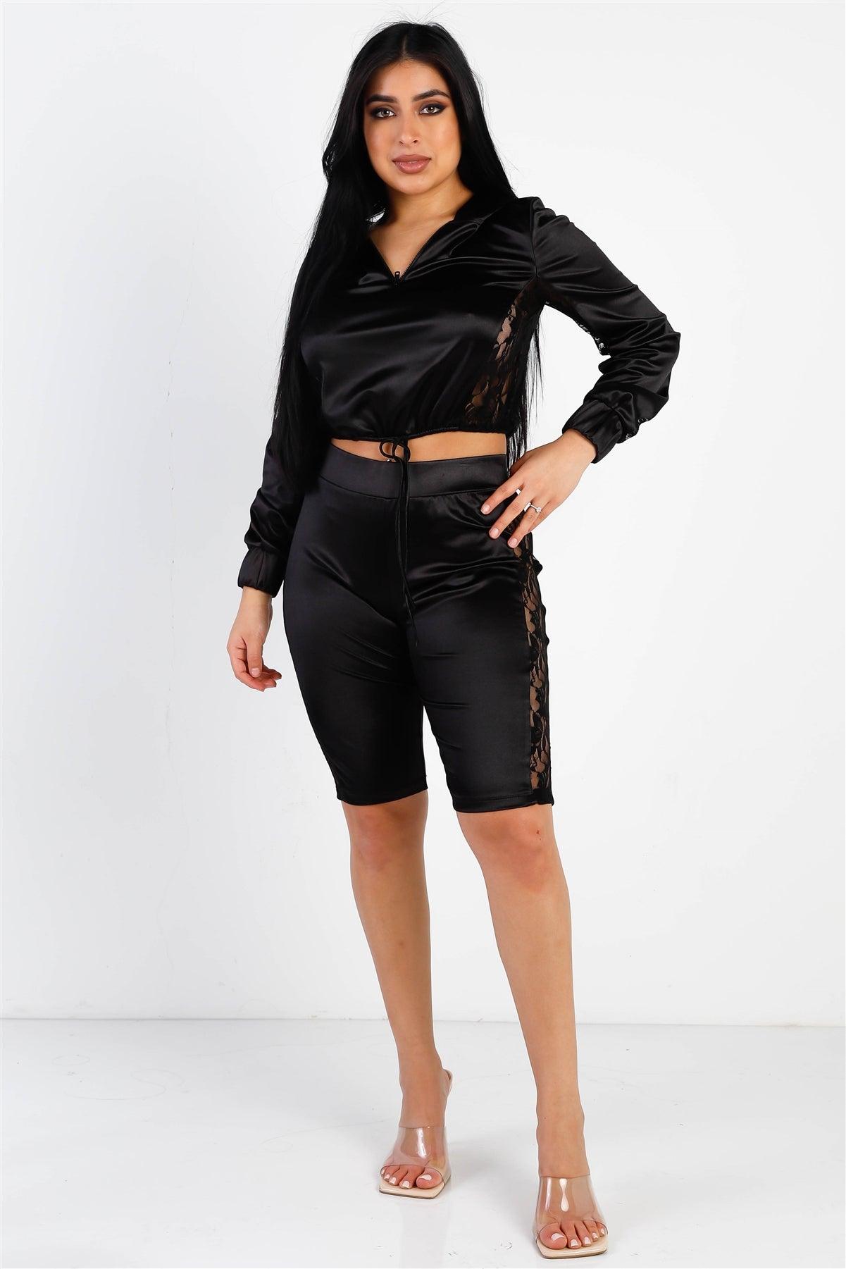 Black Satin Lace Details Long Sleeve Hooded Crop Top & Biker Short Set /2-2-1