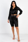 Black Satin Lace Details Long Sleeve Hooded Crop Top & Biker Short Set /2-2-2