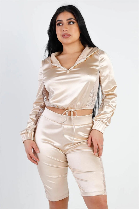 Champagne Satin Lace Details Long Sleeve Hooded Crop Top & Biker Short Set /2-2-1 - Tasha Apparel Wholesale