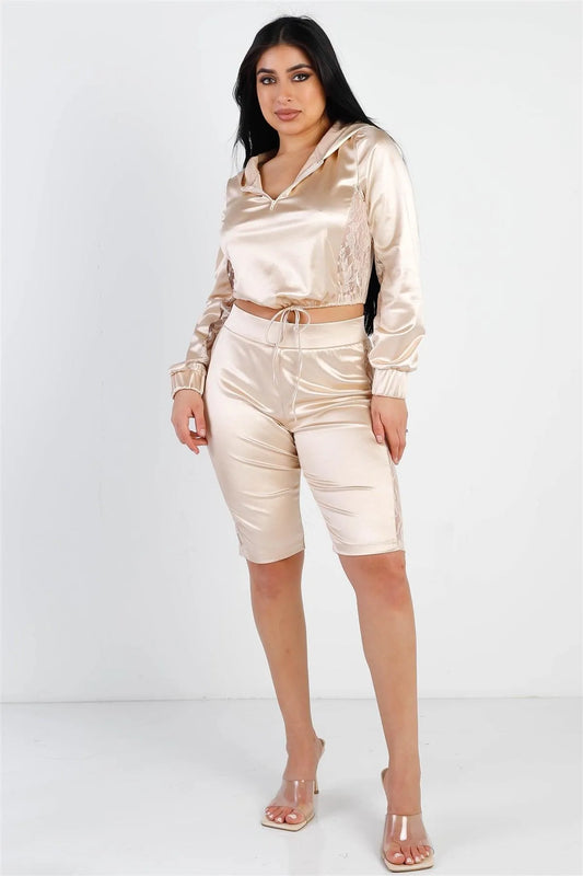 Champagne Satin Lace Details Long Sleeve Hooded Crop Top & Biker Short Set /2-2-2 - Tasha Apparel Wholesale