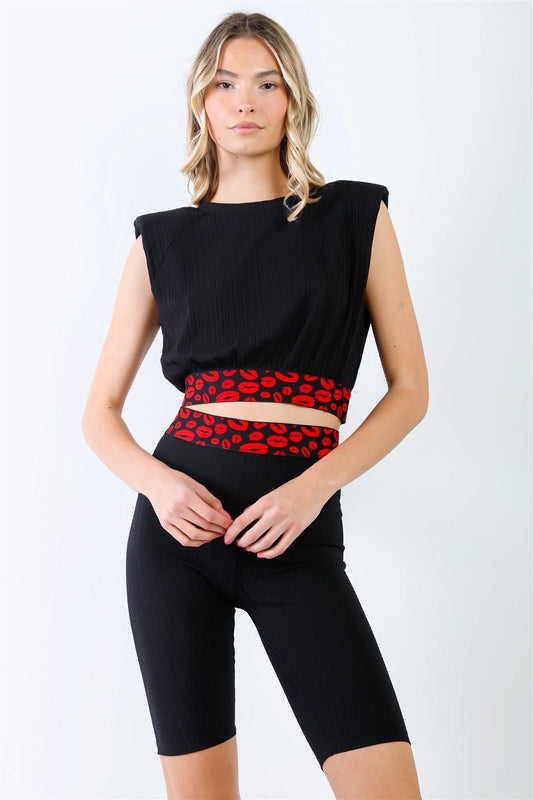 Black Cotton Ribbed "Kisses" Print Details Shoulder Pad Sleeveless Crop Top & Biker Shorts Set /2-2-2 - Tasha Apparel Wholesale