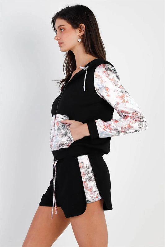 Black & Multi Color Print Colorblock Zip-Up Hooded Top & Short Set /2-2-2 - Tasha Apparel Wholesale
